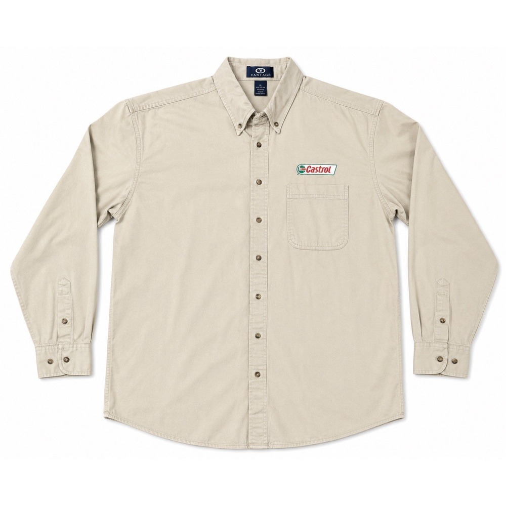 Vantage Castrol Oil Logo Shirt Mens XL Khaki Button Front Long Sleeve Cotton